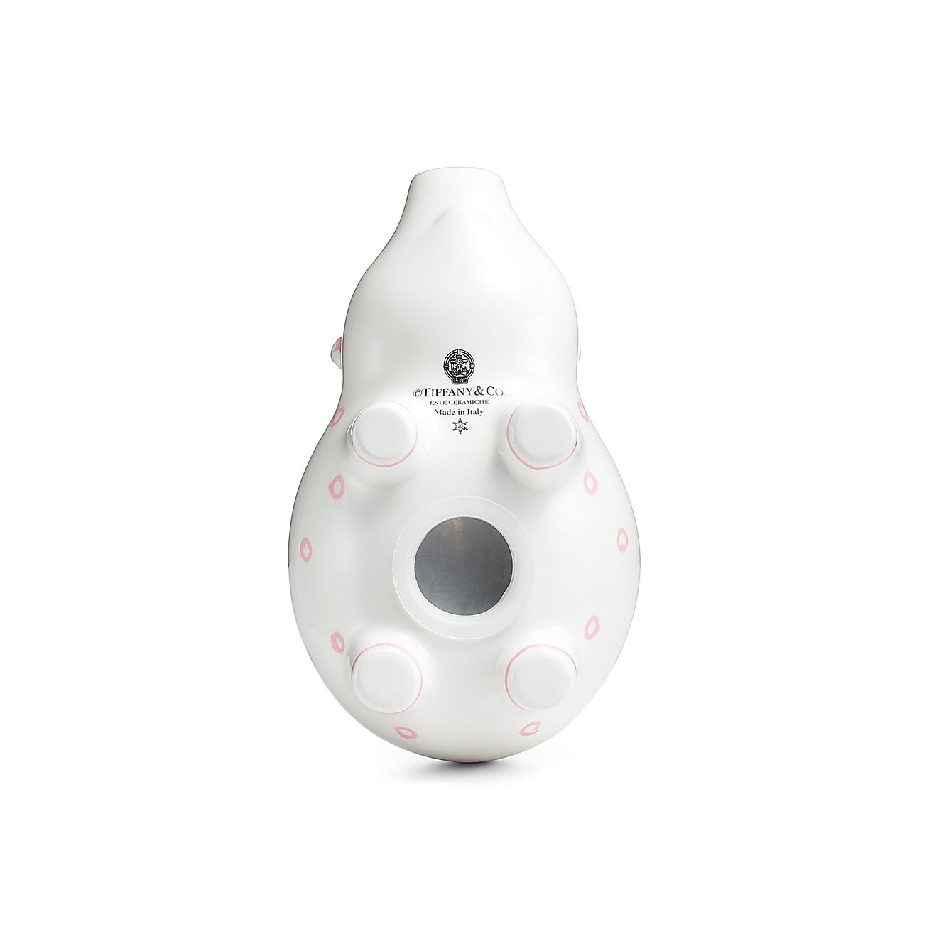 Dot piggy bank in earthenware with pink accents.