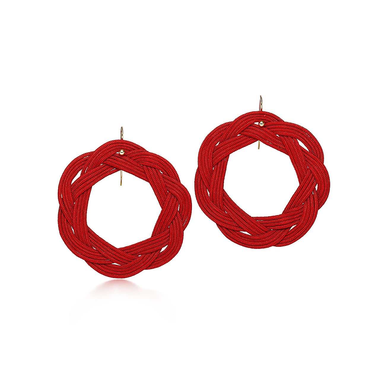 Elsa Peretti® Circle hook earrings with red woven silk in 18k gold.