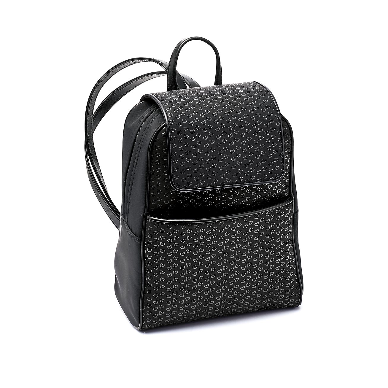 Elsa Peretti backpack in black leather with lacquered Open Hearts. Tiffany Co. UK