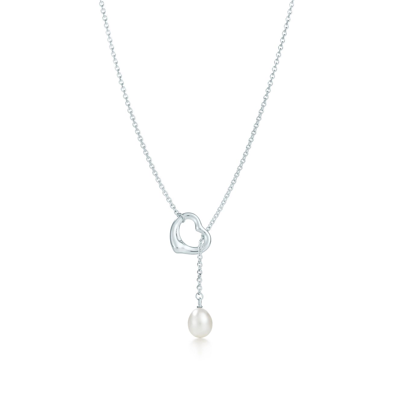 Elsa Peretti Open Heart Lariat Necklace in Silver with Pearls, 9-9.5 mm
