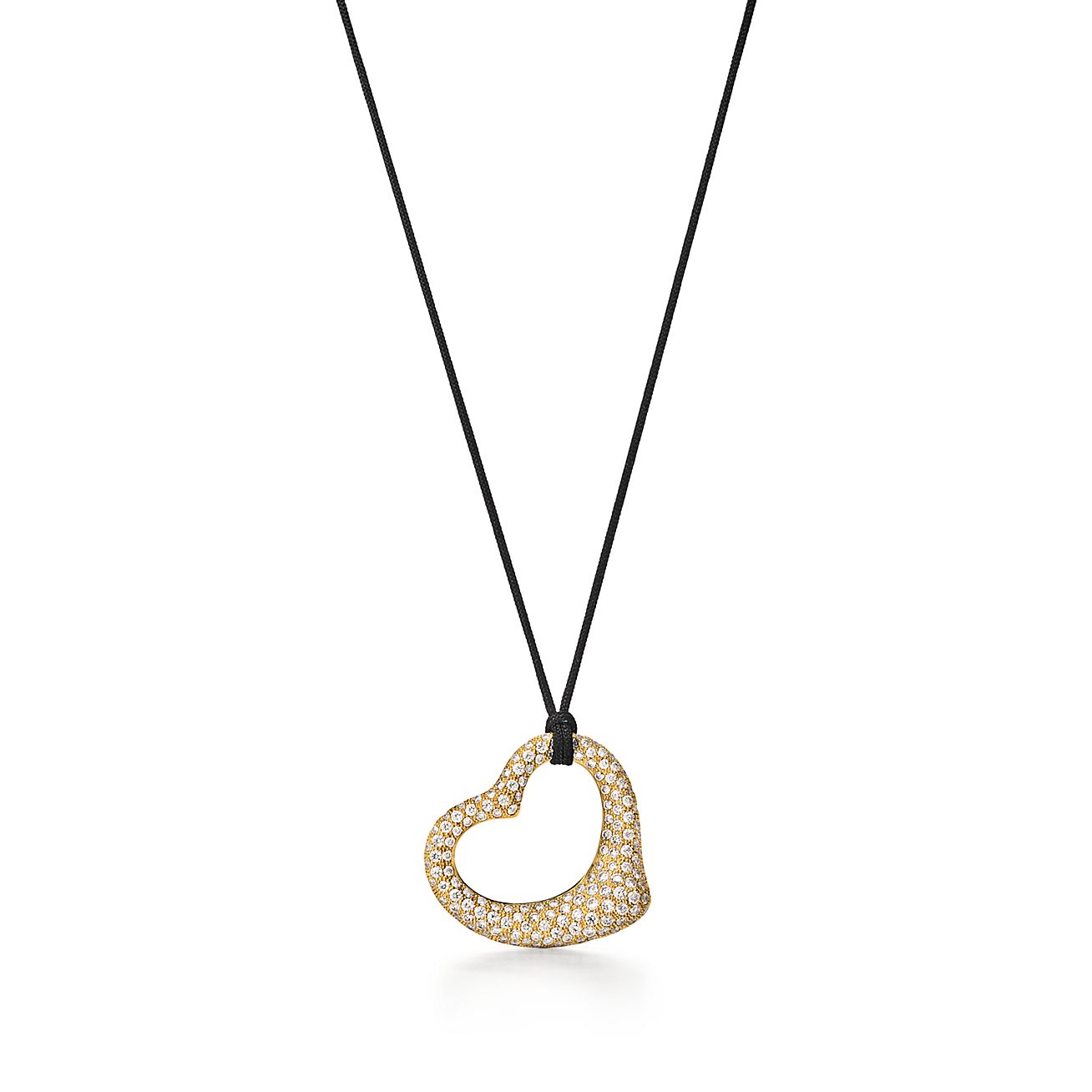 Elsa Peretti® Open Heart Pendant in Yellow Gold with Pavé Diamonds & Black  Silk | Tiffany & Co. US