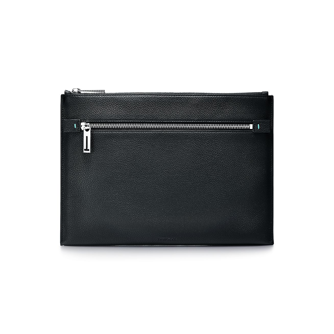 Flat double zip leather pouch in black 