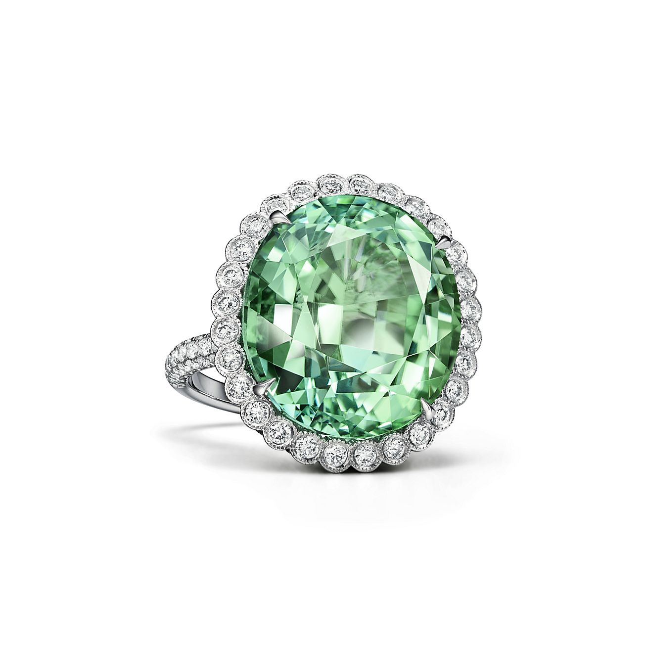 Ring in Platinum with a Green Tourmaline and Diamonds