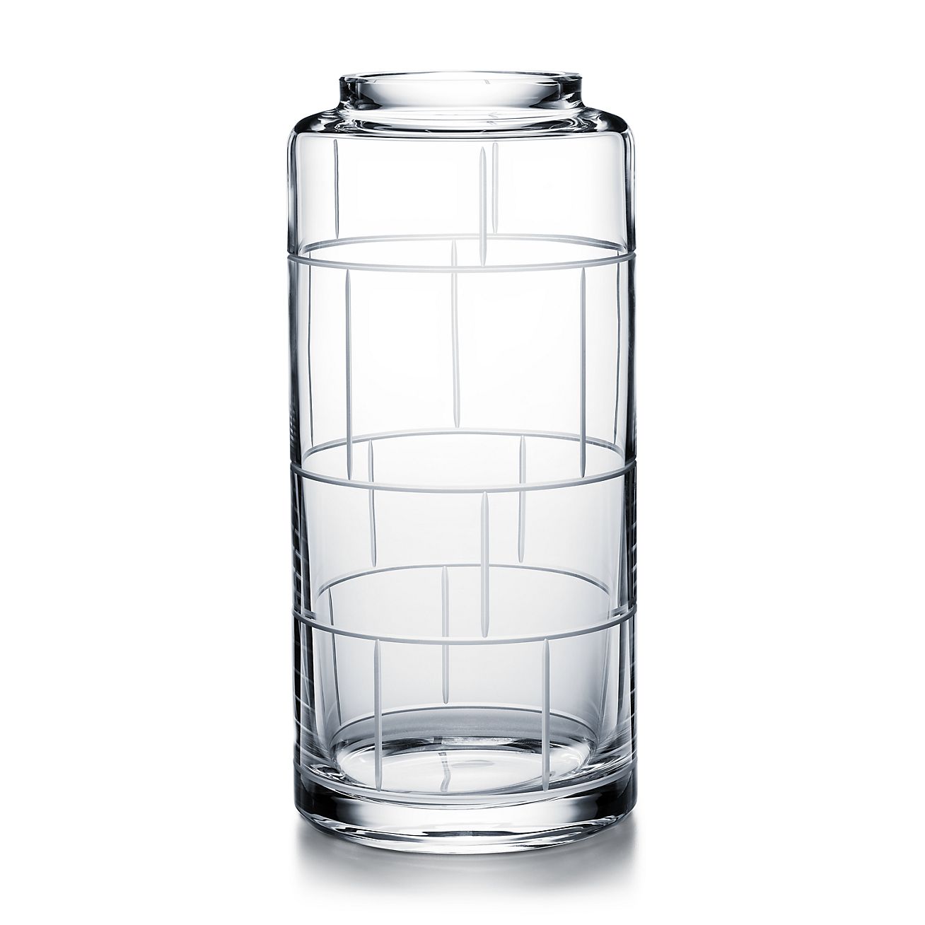 Modern Bamboo crystal glass cylinder vase, 14" high. Tiffany & Co.