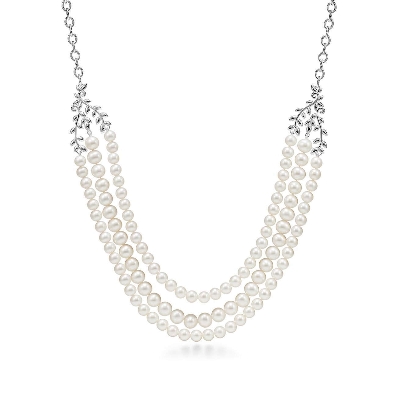 Paloma Picasso® Olive Leaf three-row pearl necklace in sterling silver.