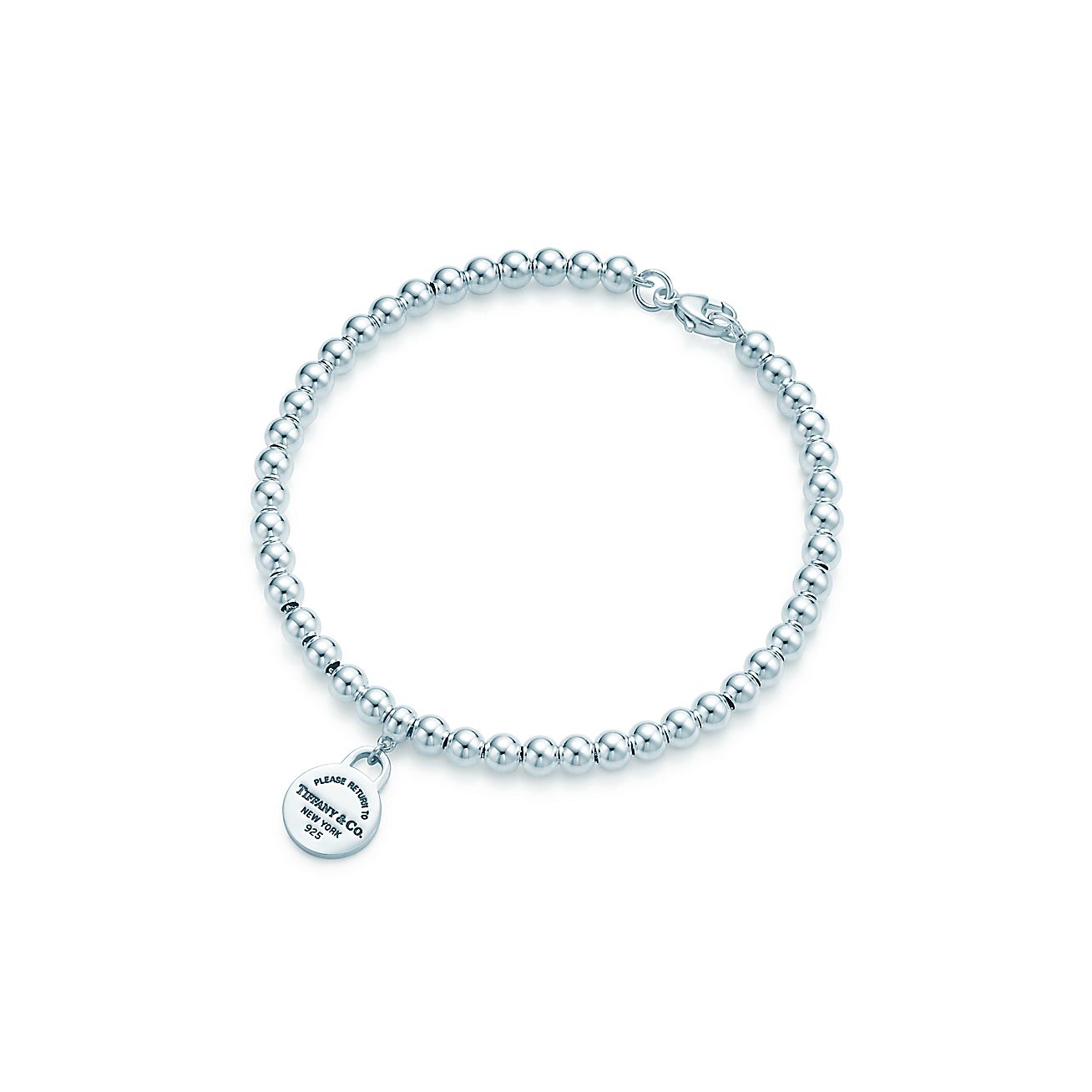 Return to Tiffany™ mini round tag in sterling silver on a bead bracelet ...