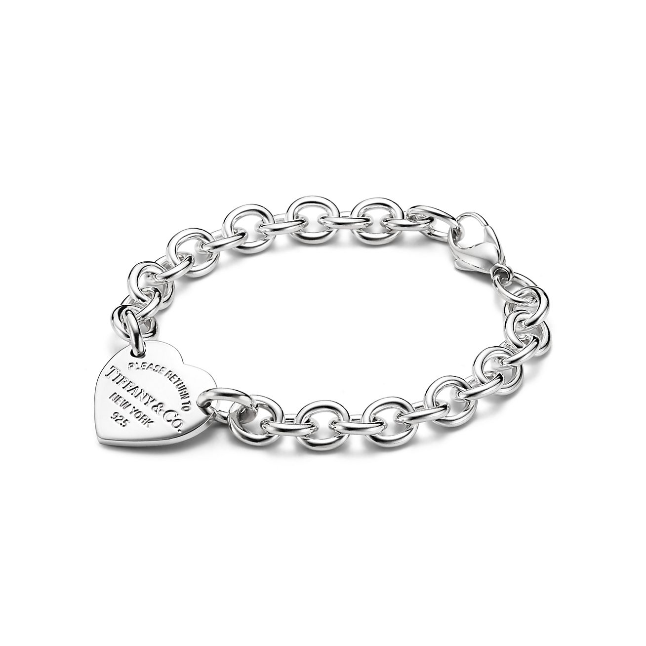Return To Tiffany & Co 7.5 Heart Charm Round Link Bracelet Silver Gift w/  Pouch
