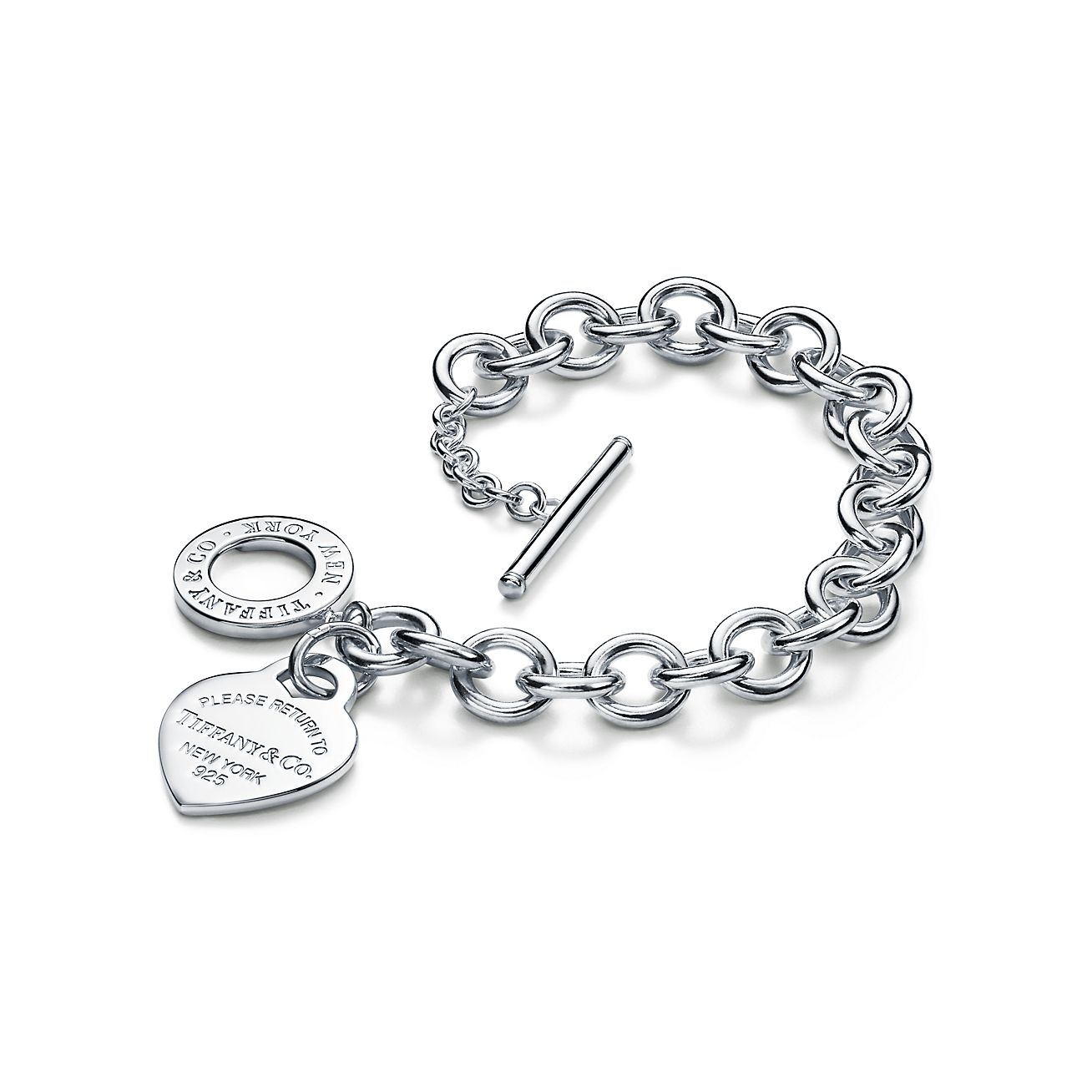 Return To Tiffany & Co 7.5" Heart Charm Round Link Bracelet Silver  Gift w/ Pouch