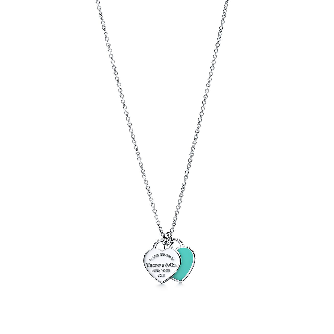 Return to Tiffany™ mini double heart tag pendant in silver with Tiffany Blue enamel finish. | Tiffany & Co.