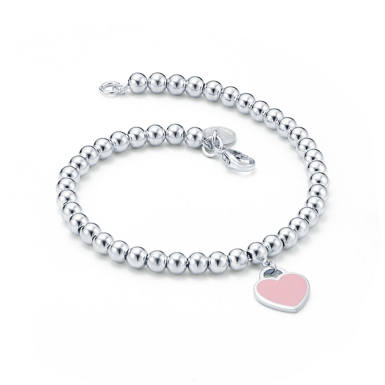 Pink Heart Tag Bead Bracelet in Silver 