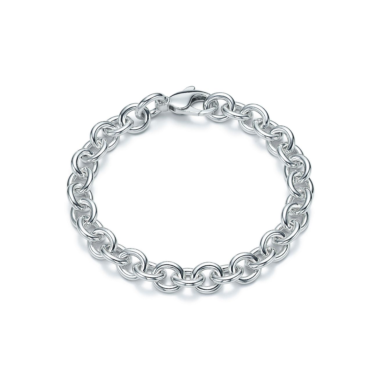 Medium round link bracelet in sterling silver, 7.5” long.