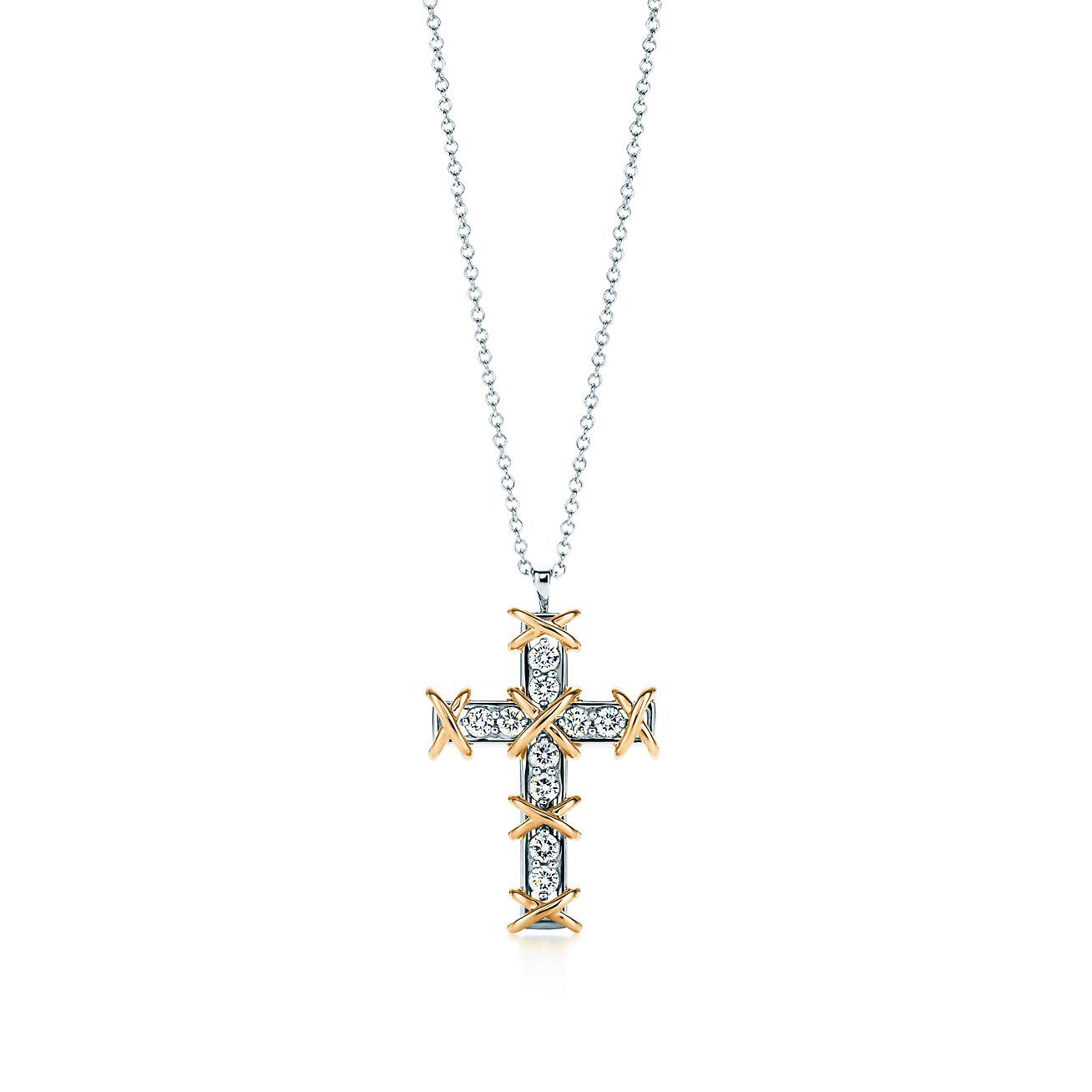 Sixteen Stone by Tiffany Cross Pendant in Platinum and Yellow Gold with Diamonds