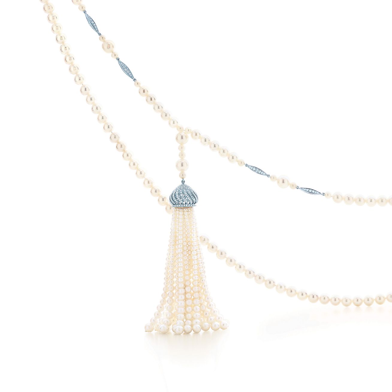 The Gatsby Collection tassel pearl necklace in platinum with diamonds. | Tiffany & Co. International