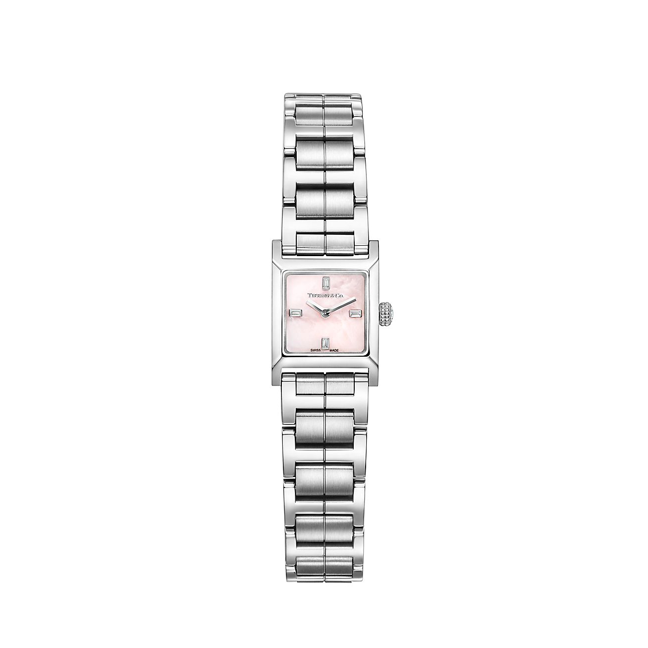 Tiffany 1837 Makers 16 mm Square Watch in Stainless Steel with a Pink Dial
