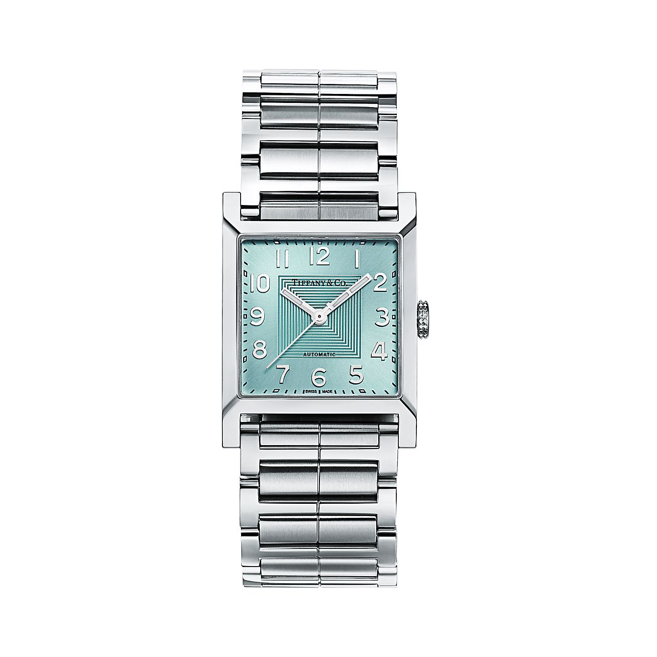 스테인리스 스틸 소재에 티파니 블루 악센트가 더해진 Tiffany 1837 Makers 27 mm 스퀘어 워치. | Tiffany & Co.