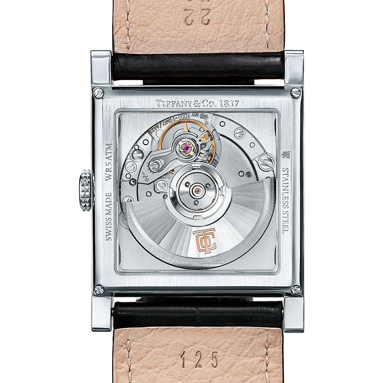 Tiffany 1837 Makers 22 mm square watch in stainless steel with a leather  strap.