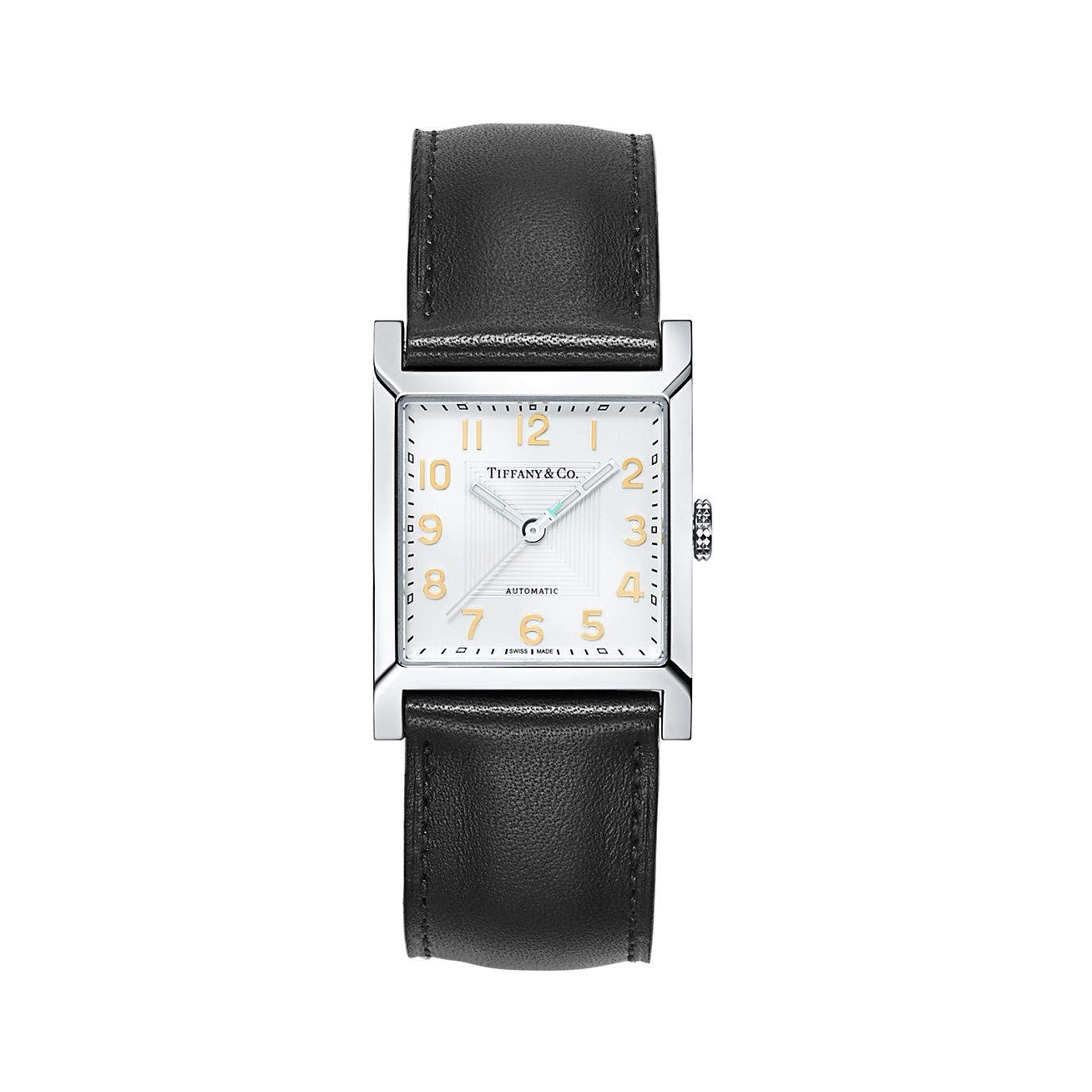 Tiffany 1837 Makers 27 mm square watch in stainless steel with a leather  strap.