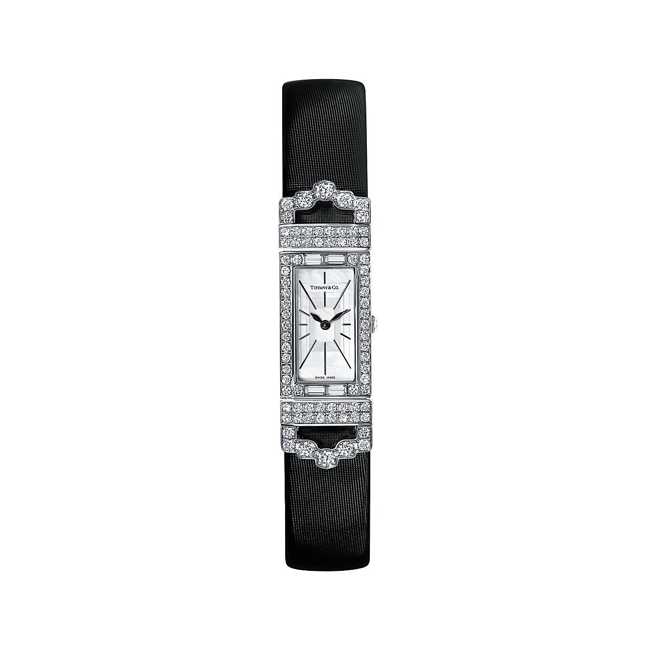 Tiffany Art Deco 2-Hand 白金鑲鑽石女士腕錶，錶殼15.8 x 49 mm