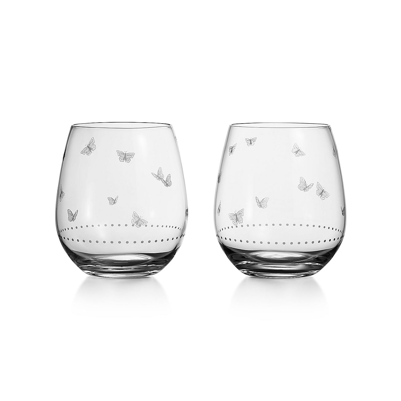 Tiffany Audubon Stemless Red Wine Glasses in Etched Glass, Set of Two