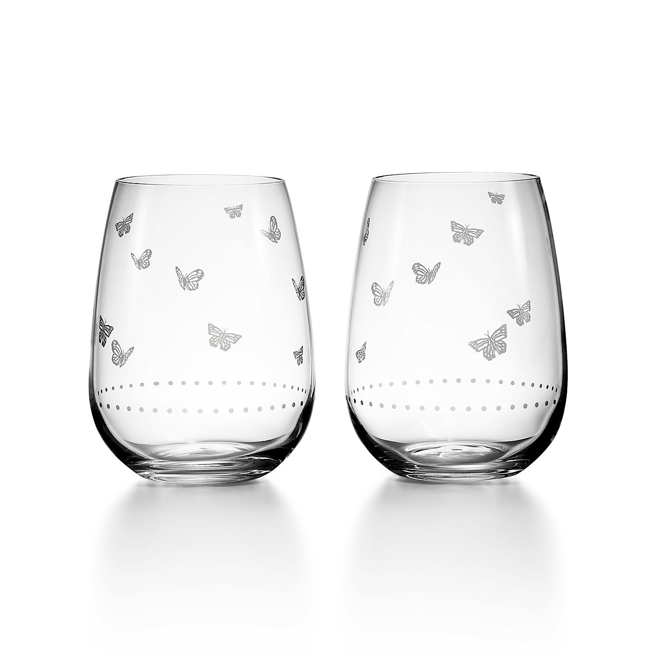 Tiffany Audubon Stemless White Wine Glasses in Etched Glass, Set