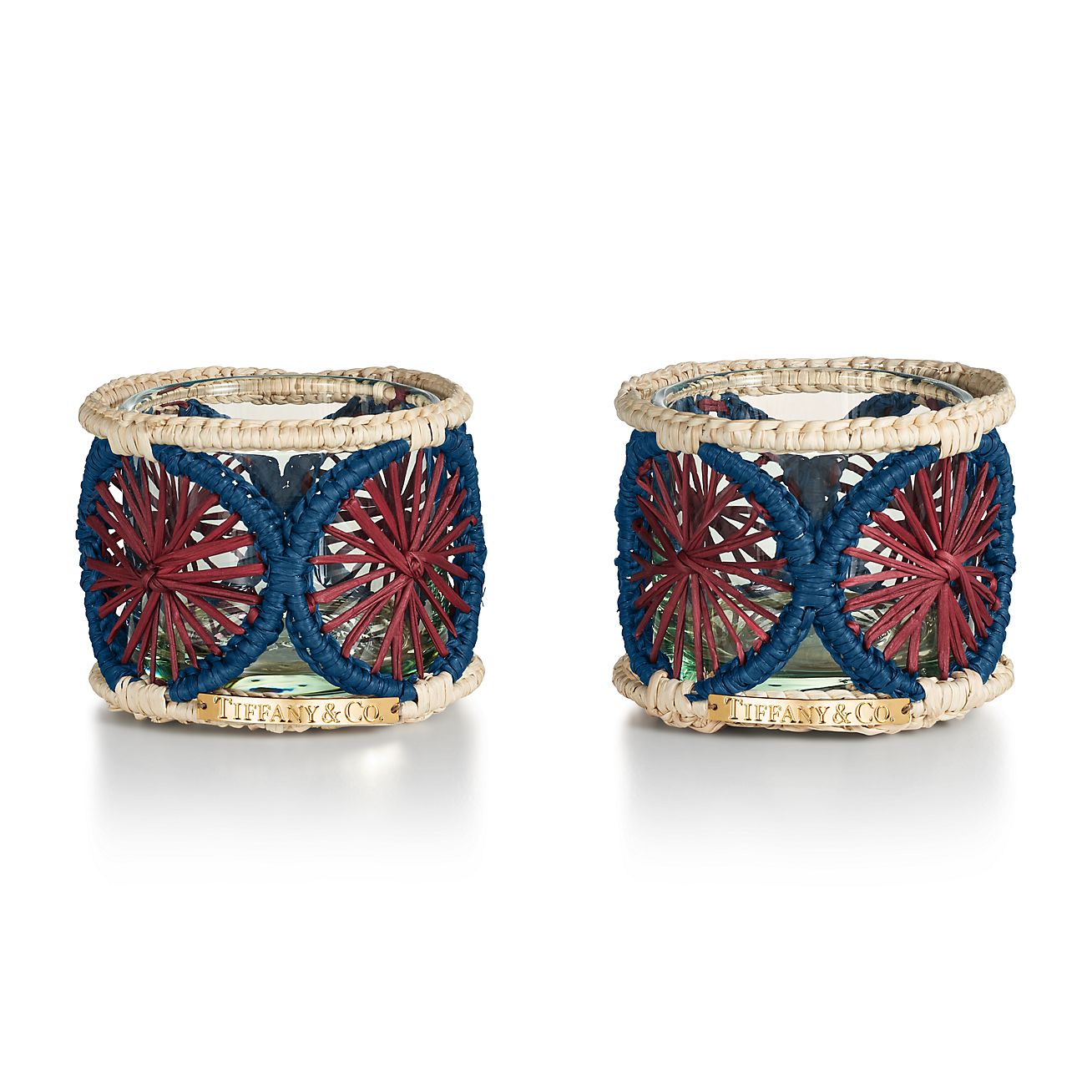 Tiffany Batik Candleholder Set of Two, in Crystal Glass and Multicolored Raffia | Tiffany & Co.