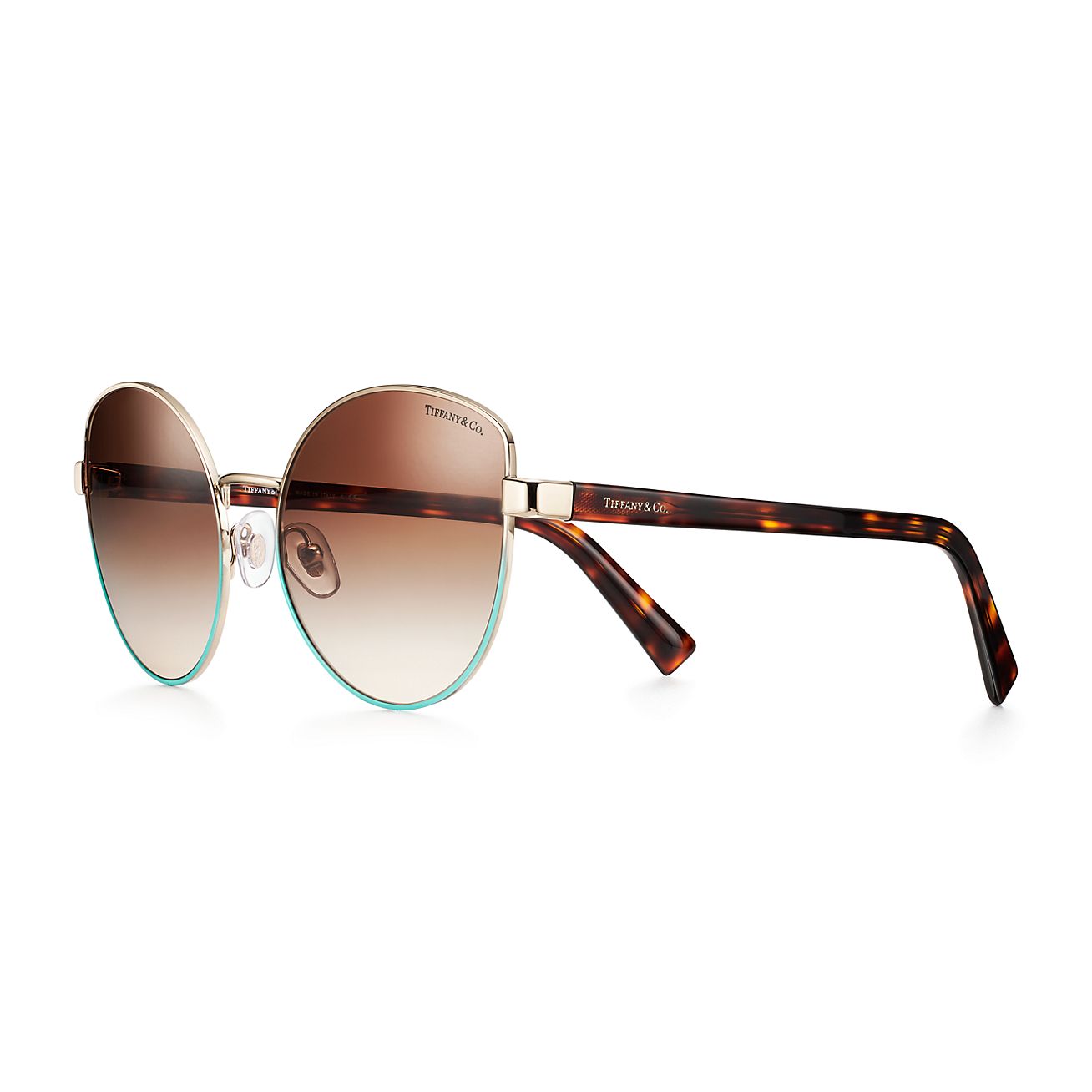 Tiffany Blue Cat Eye Sunglasses In Pale Gold Colored Metal