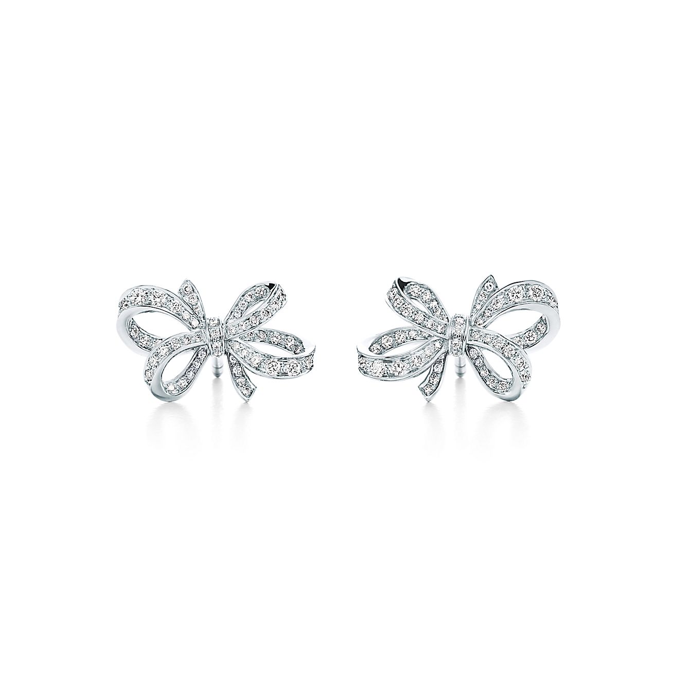 Tiffany Bow ribbon earrings in platinum with diamonds, mini. Tiffany