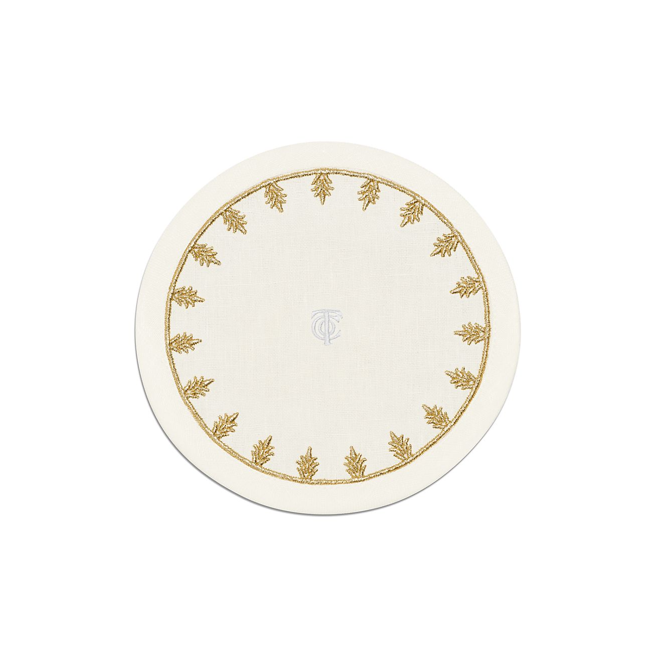 ティファニー コースター Tiffany Crest Coaster in Embroidered White Linen | Tiffany