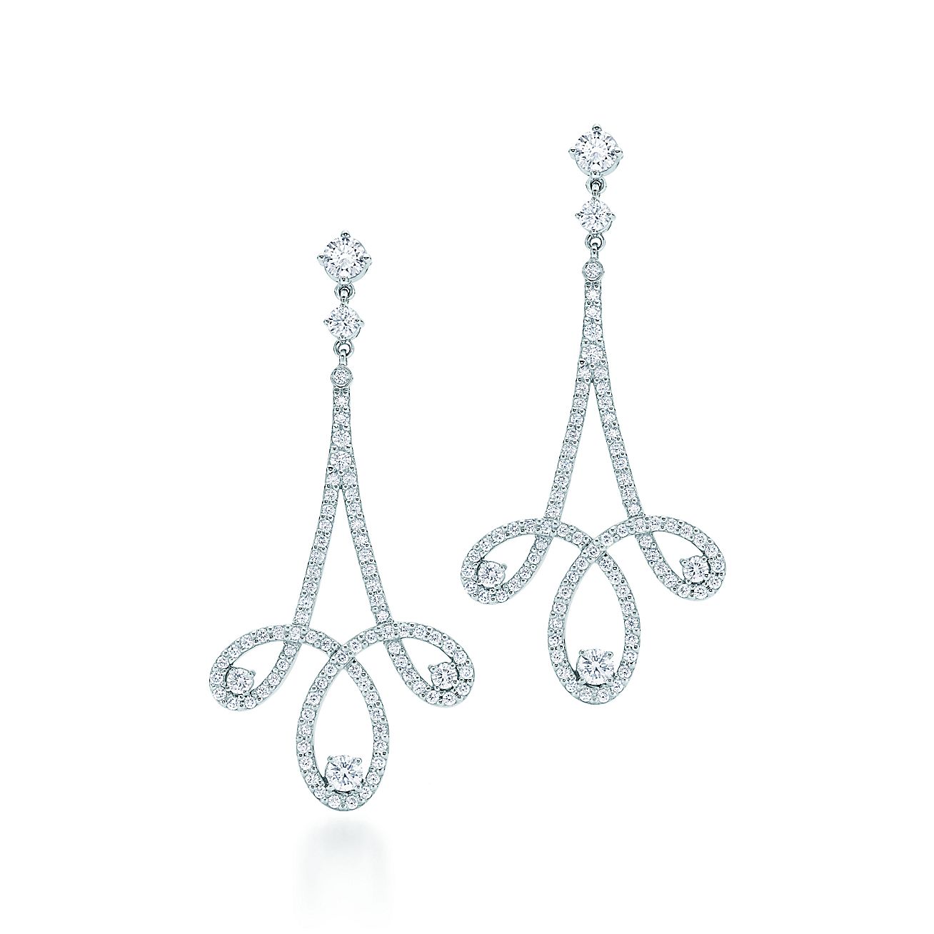 Tiffany Enchant® scroll earrings in platinum with diamonds. | Tiffany & Co.