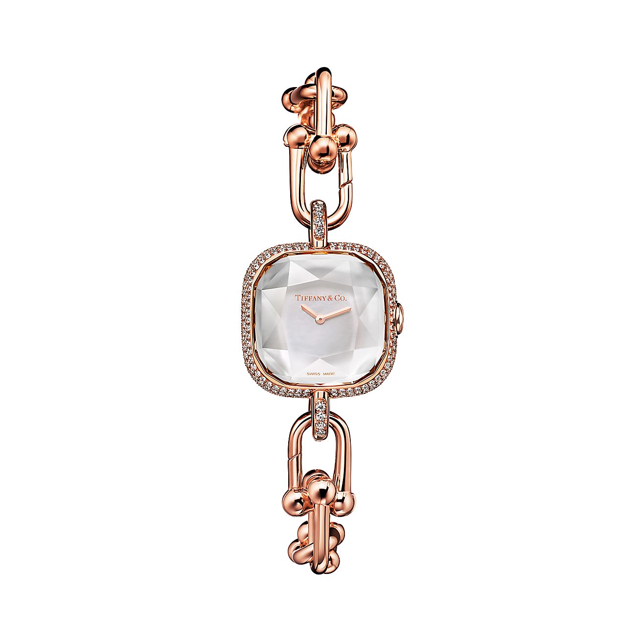 Tiffany HardWear Watch in Rose Gold with Pavé Diamonds and White Mother-of-pearl