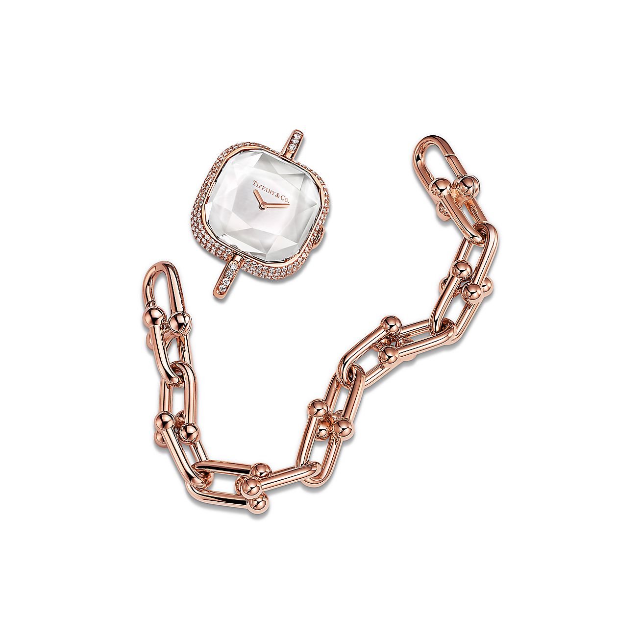 Tiffany HardWear Watch in Rose Gold with Pavé Diamonds and White Mother-of-pearl - Alternate shot 1 - Alternate shot 2
