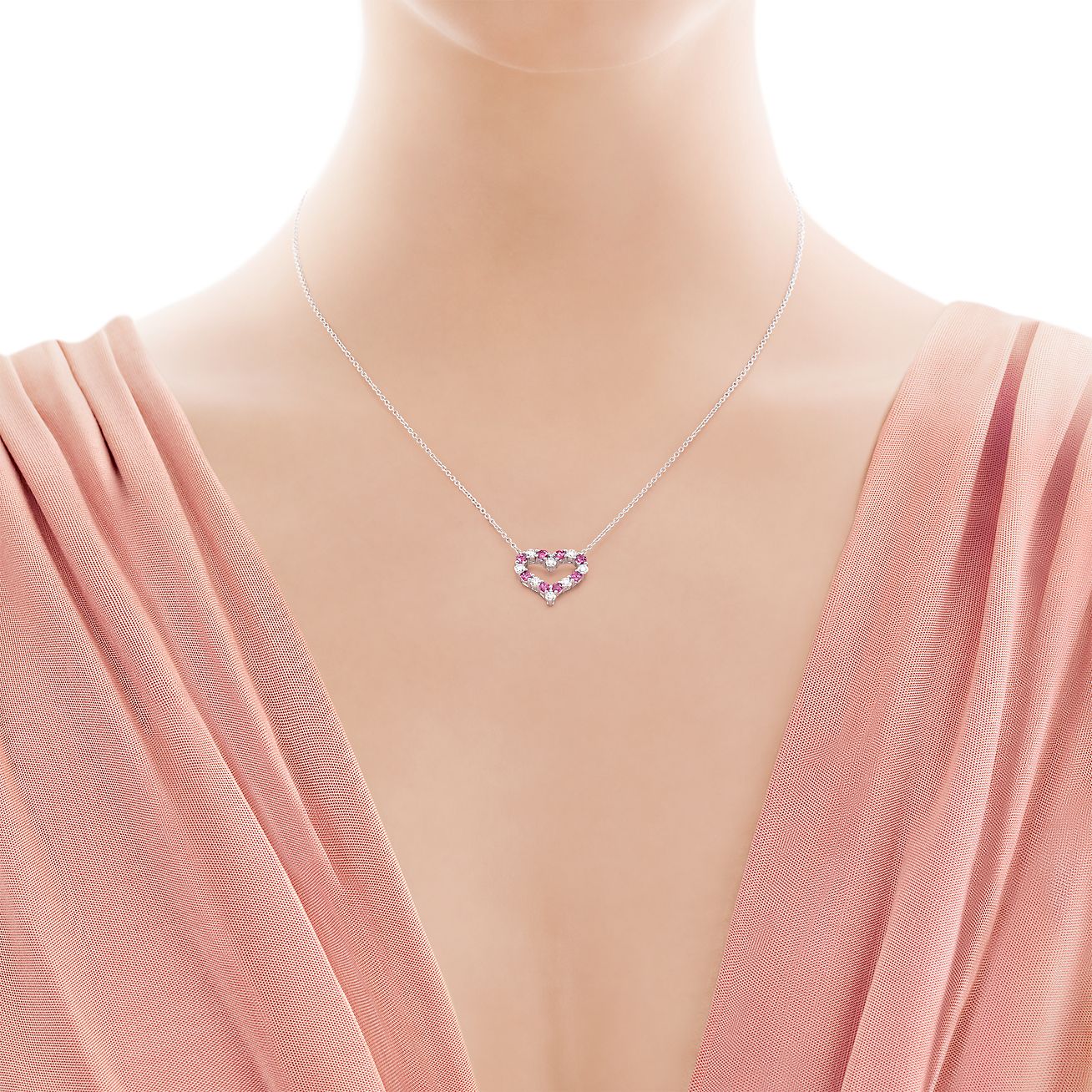 Tiffany Hearts Pendant with Pink Sapphires and Diamonds in Platinum, Size: Small