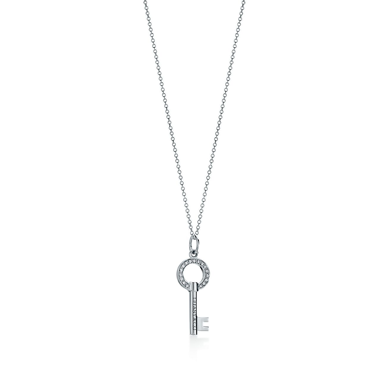 Tiffany Keys modern keys open round key pendant in 18k white gold with  diamonds.