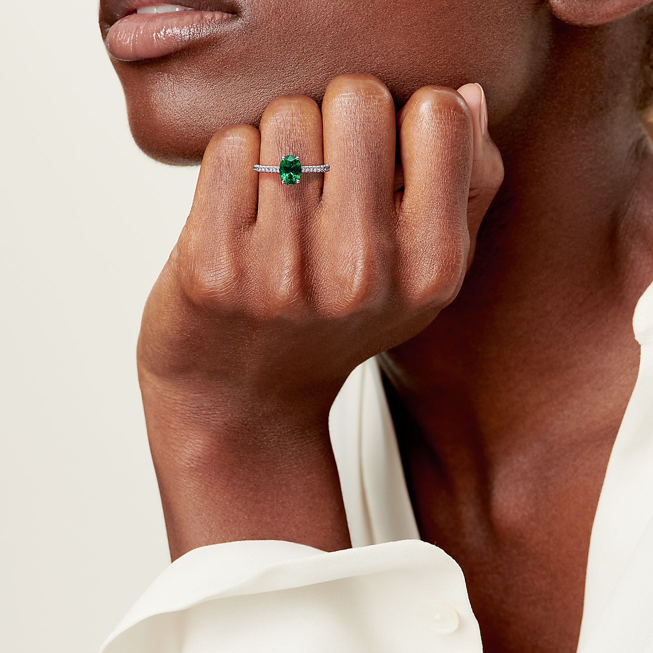 Tiffany Novo® Oval Emerald Ring in Platinum with Pavé Diamonds - Alternate shot 1 - Alternate shot 2 - Alternate shot 3 - Alternate shot 4 - Modal shot 1