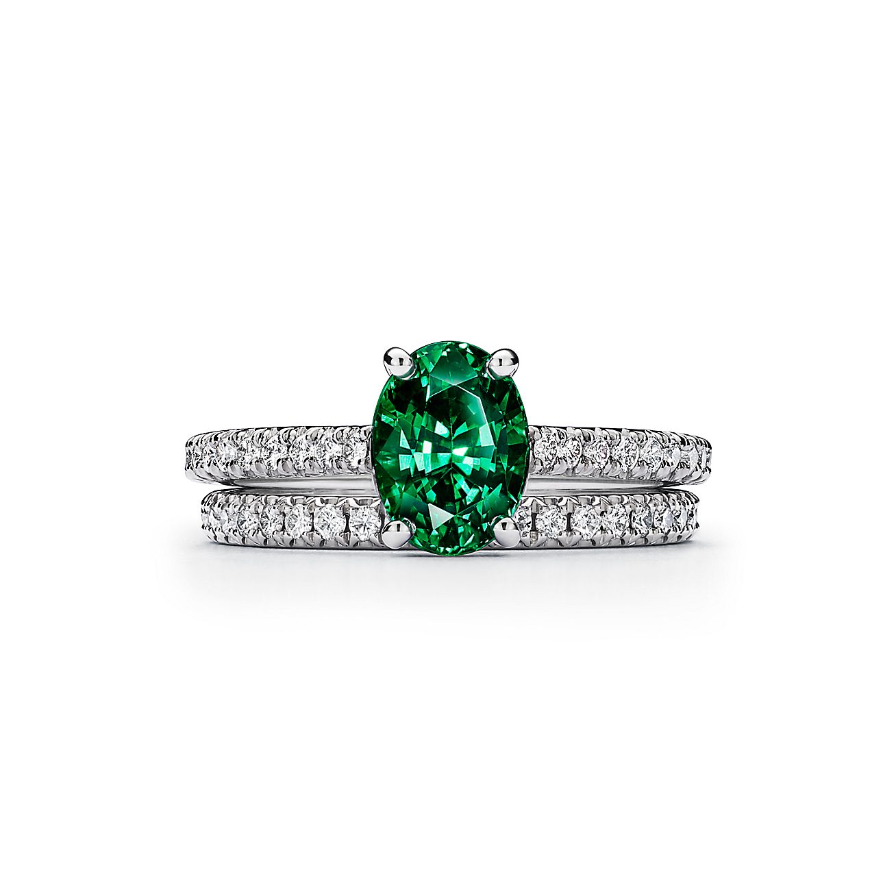 Tiffany Novo® Oval Emerald Ring in Platinum with Pavé Diamonds - Alternate shot 1 - Alternate shot 2 - Alternate shot 3 - Alternate shot 4