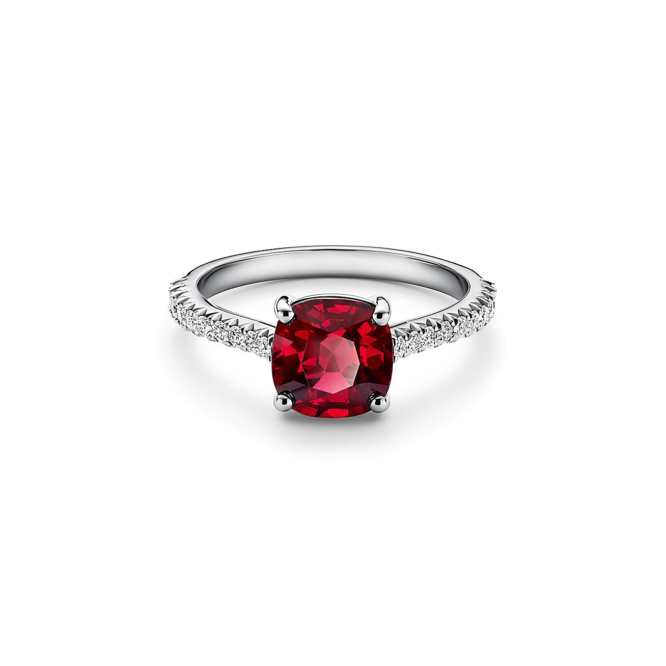 Tiffany Novo® Cushion-cut Ruby Ring in Platinum with Pavé Diamonds ...