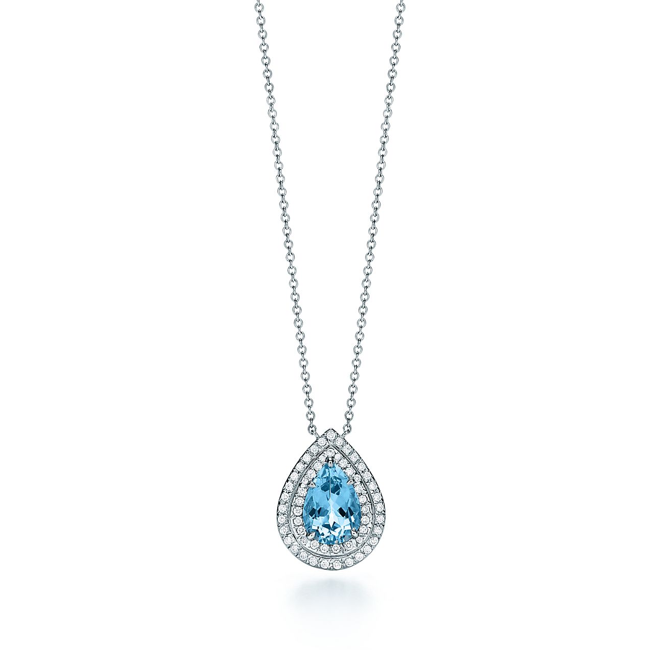 Tiffany Soleste® pendant in platinum with an aquamarine and diamonds. 