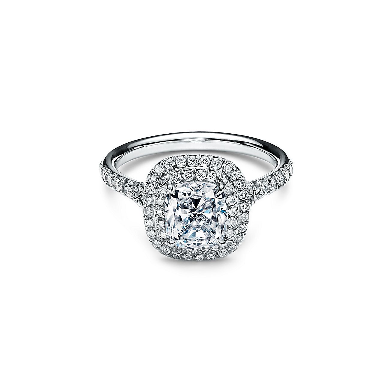 Tiffany Soleste Cushion Cut Double Halo Engagement Ring With A Diamond Platinum Band Tiffany & co cushion platinum diamond engagement ring.83 ct g vs1 $11k retail. tiffany