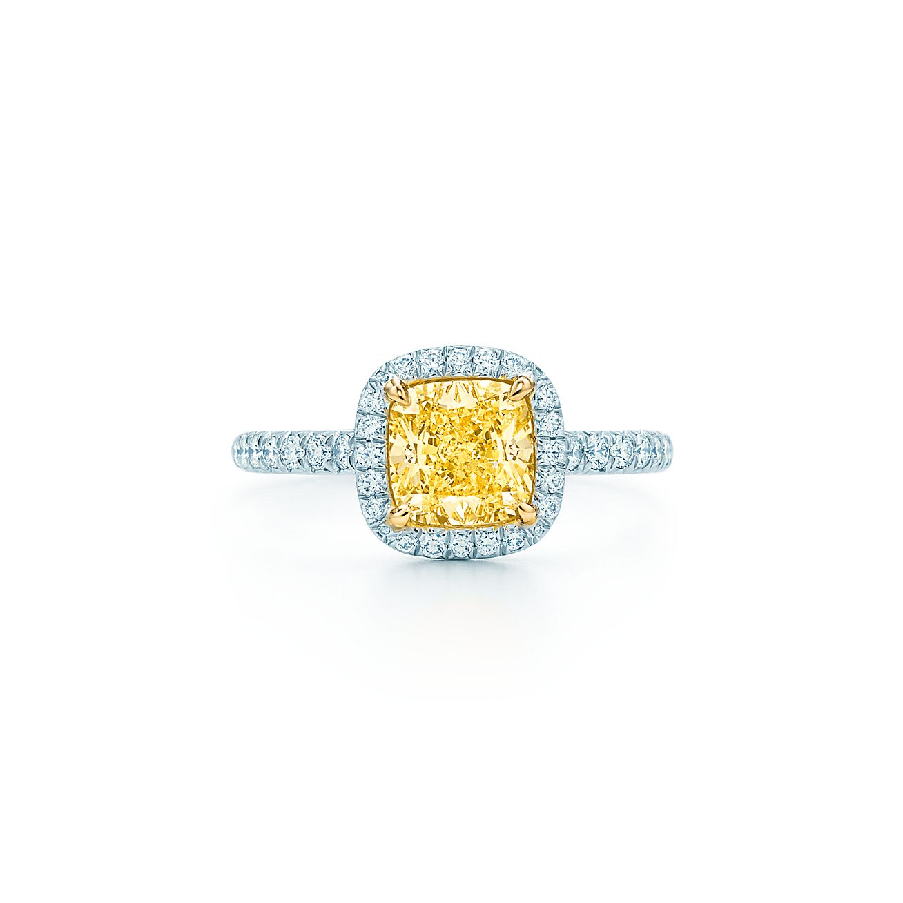Tiffany Soleste® cushion-cut yellow diamond halo engagement ring in  platinum.
