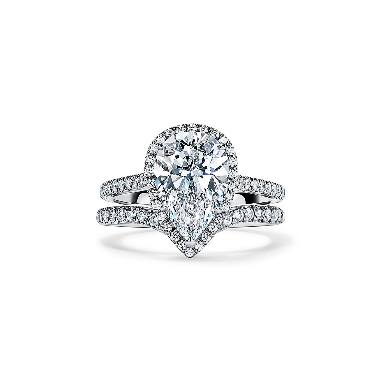Platinum Pear Shaped Diamond Halo Engagement Ring with Tapered Diamond Band  - Dianna Rae Jewelry