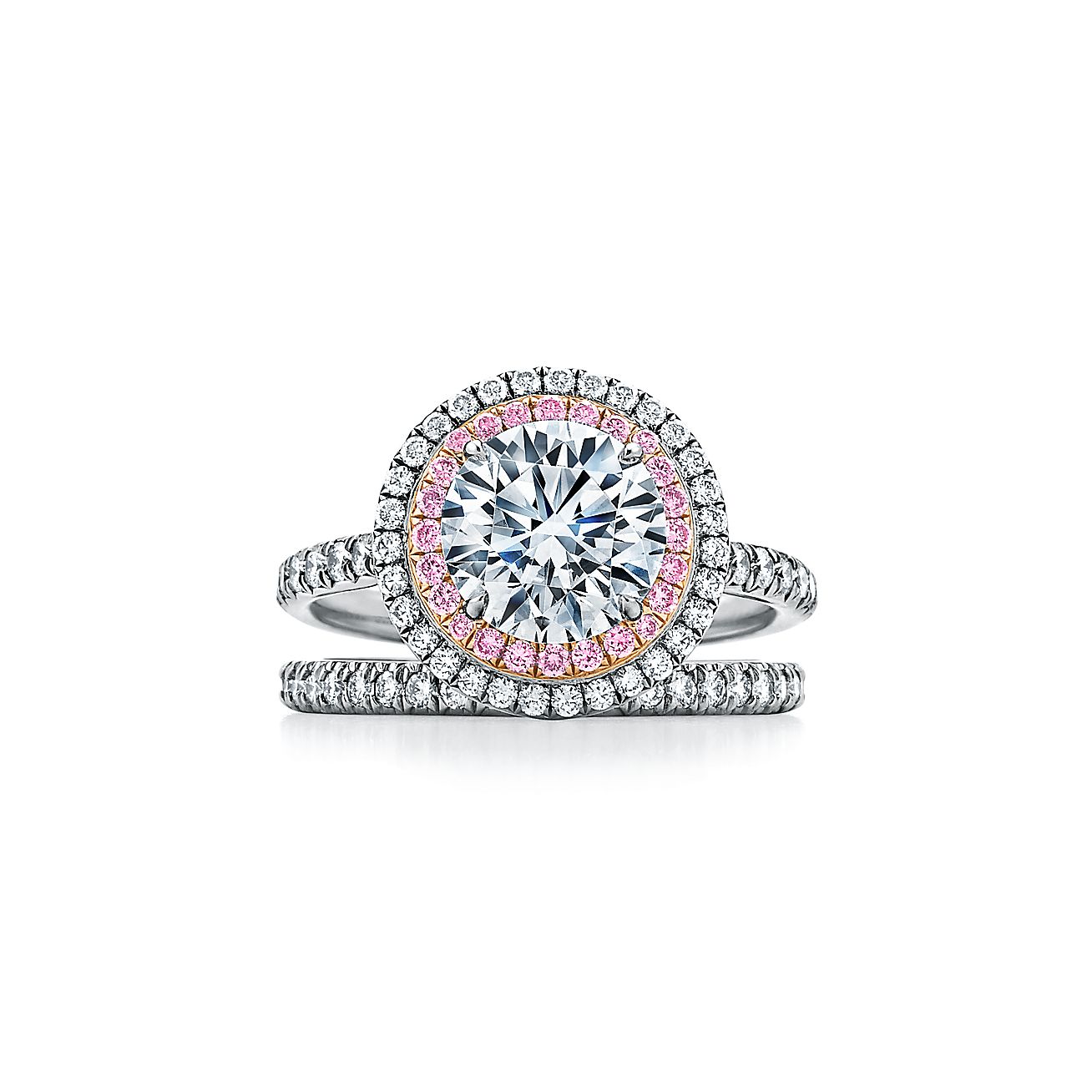 gesponsord Verwisselbaar vrijheid Tiffany Soleste® Round Brilliant Double Halo Engagement Ring with Pink  Diamonds in Platinum