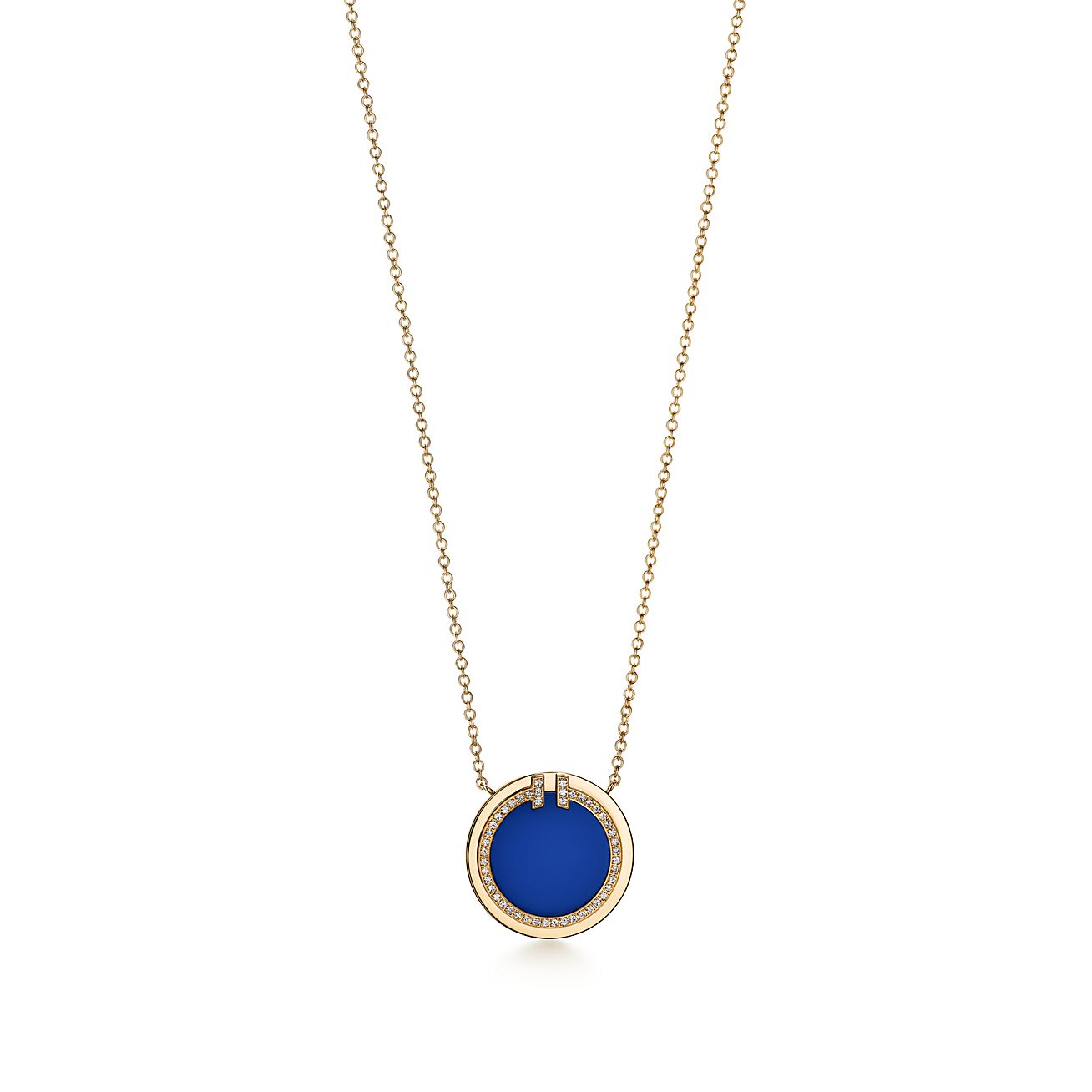 Tiffany T Circle Pendant in Yellow Gold with Blue Agate and 