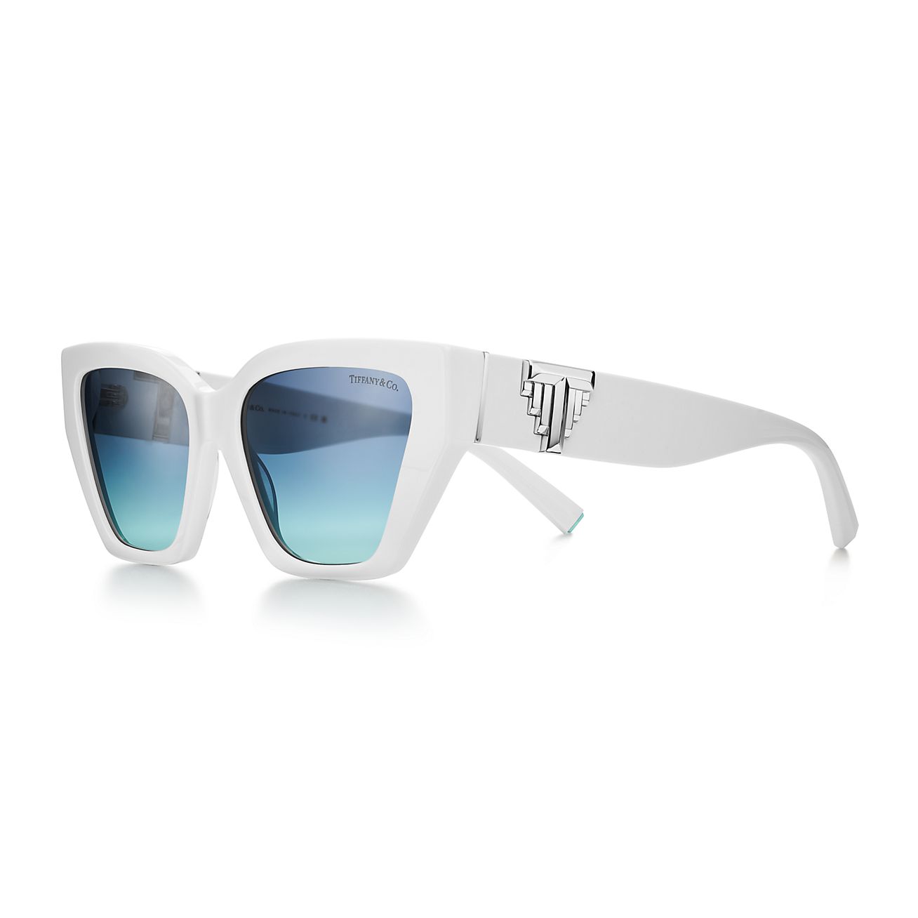 Tiffany T Deco Sunglasses in White Acetate and Tiffany Blue Gradient Lenses  | Tiffany & Co.