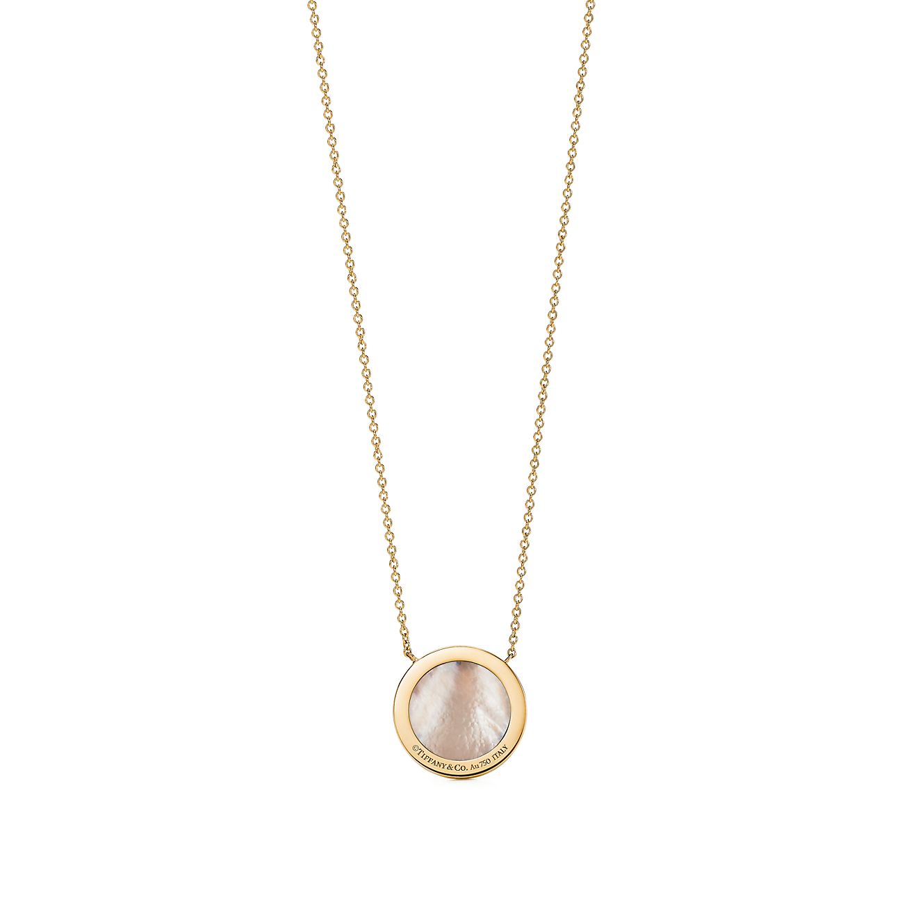 Tiffany T diamond and mother of pearl circle pendant in 18k gold