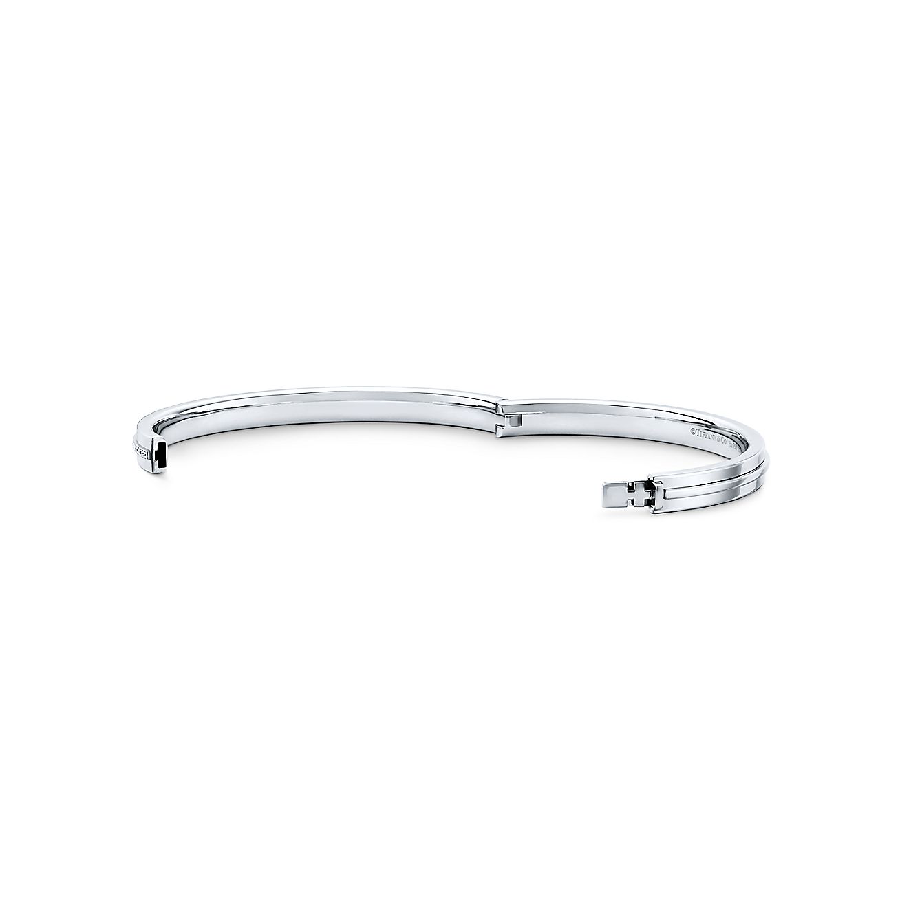 Tiffany T pavé diamond hinged bangle in 18k white gold, large.