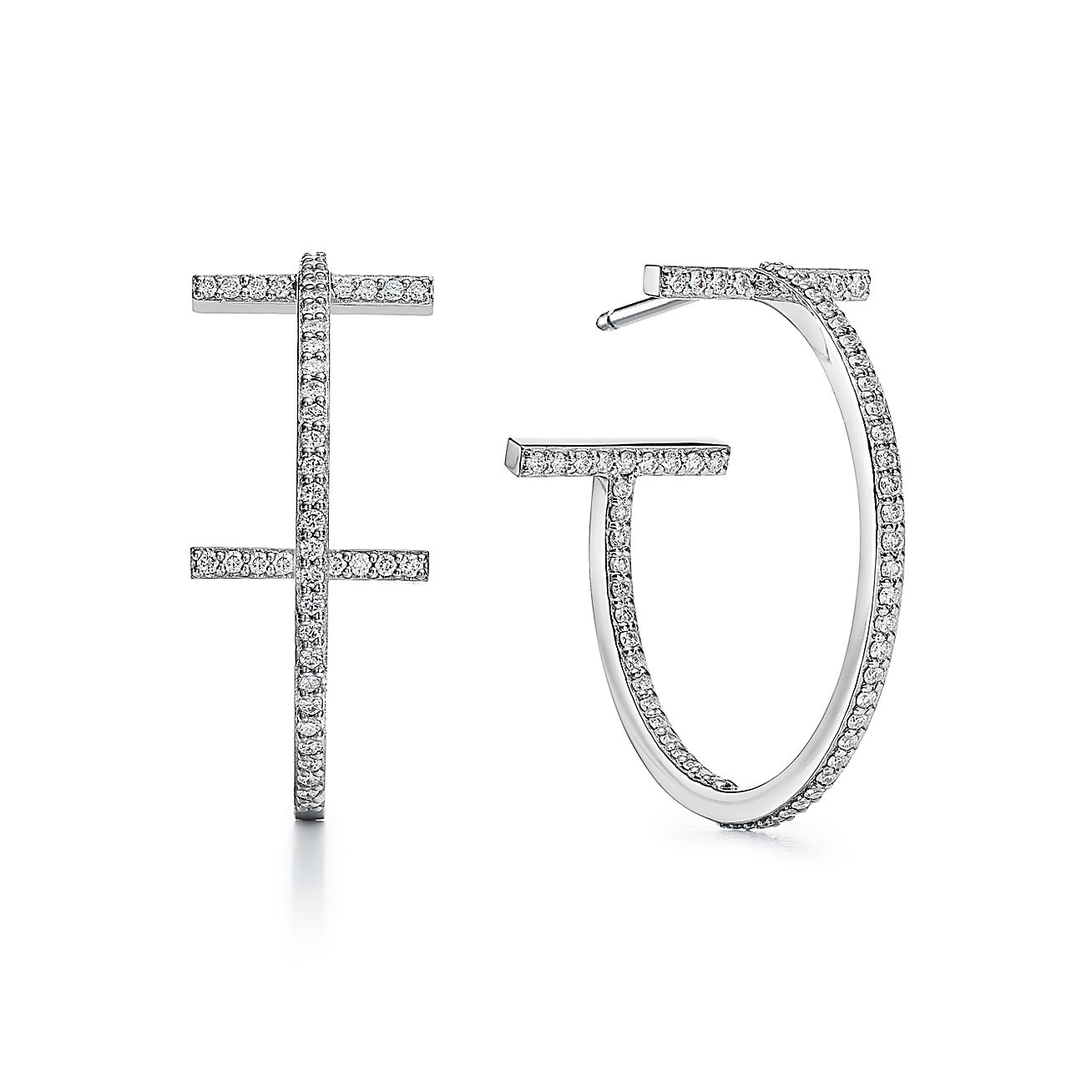Tiffany T diamond hoop earrings in 18k white gold, medium. | Tiffany & Co.