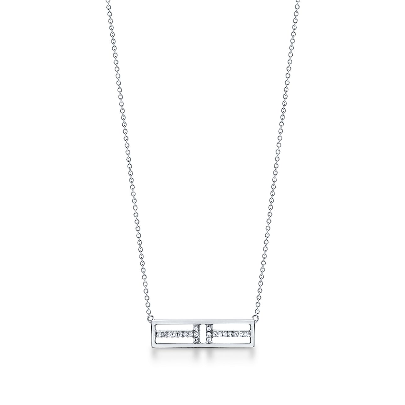 Tiffany T open horizontal diamond bar pendant in 18k white gold. | Tiffany & Co.