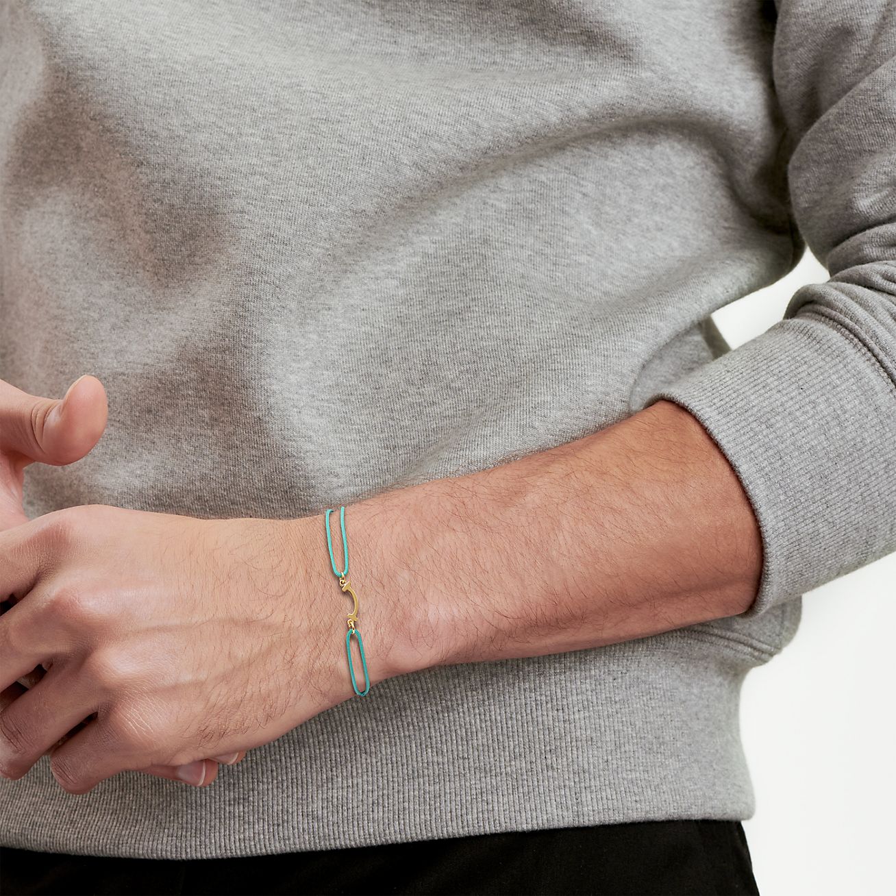 Tiffany T Smile Bracelet in Yellow Gold on a Blue Cord - Alternate shot 1 - Modal shot 1 - Modal shot 2