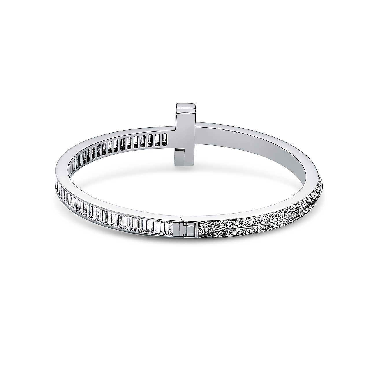 Tiffany T T1 Bangle in White Gold with Baguette and Pavé Diamonds - Alternate shot 1 - Alternate shot 2