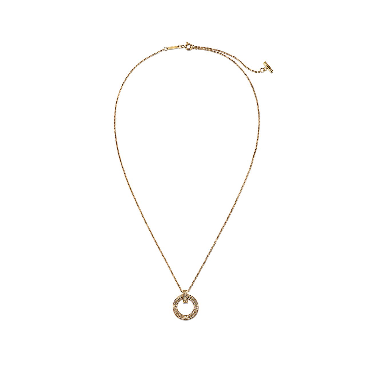 Tiffany T T1 Narrow Circle Pendant in Yellow Gold with Pavé Diamonds - Alternate shot 1